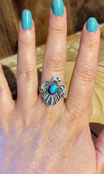 SMALL THUNDERBIRD Running Bear Navajo Turquoise and Sterling Silver Ring • Multiple Sizes