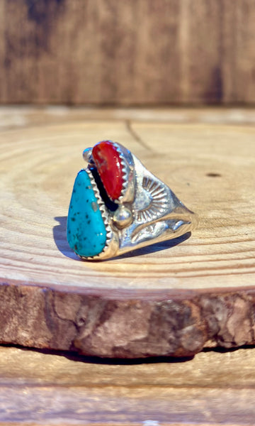 A STONES THROW Turquoise & Coral Sterling Silver Mens Ring • Size 9 1/2