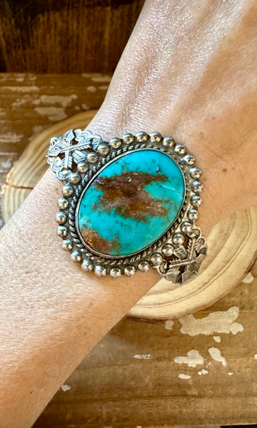 JANE YIKAAZBA POPOVITCH Navajo Vintage 30s/50s Turquoise Sterling Silver Cuff 28g