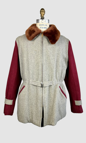 TWO TONE VINTAGE 40s Belted Jacket with Mouton Fur Collar • Mens Med. to Lg.