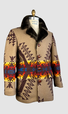 PENDLETON High Grade Western Wear 70s Woven Blanket Coat • Mens Medium