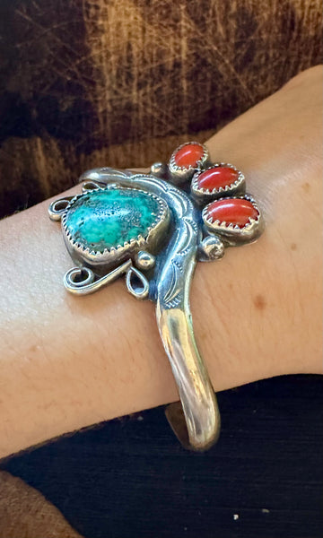 ROYAL CROWN 70s Sterling Silver Coral Turquoise Cuff • 24g
