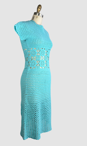 KNIT PICK 70s Hand Knit Crochet Midi Dress • Small Medium