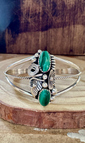 MALACHITE FLORAL GARDEN Sterling Silver Cuff • 12g