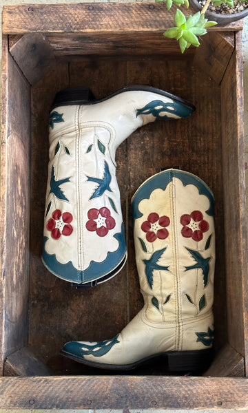 ACME Vintage 80s 90s Bluebird and Floral Leather Inlay Boots • Size 6.5