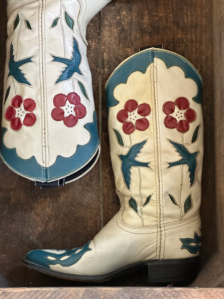 ACME Vintage 80s 90s Bluebird and Floral Leather Inlay Boots • Size 6.5