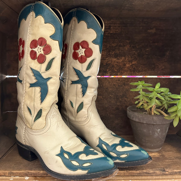 ACME Vintage 80s 90s Bluebird and Floral Leather Inlay Boots • Size 6.5