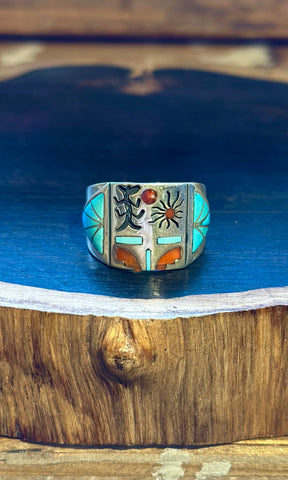 MEDICINE MASK ZUNI Vintage Inlay Men's Ring 26R69 • Sz. 13 1/4