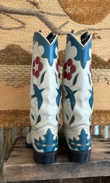 ACME Vintage 80s 90s Bluebird and Floral Leather Inlay Boots • Size 6.5