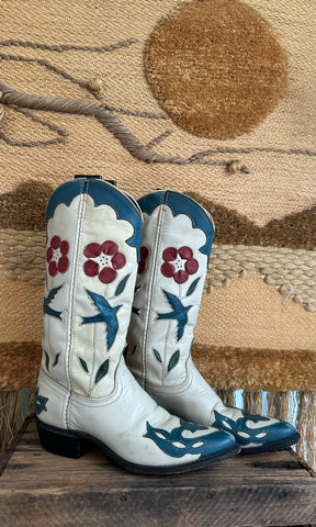 ACME Vintage 80s 90s Bluebird and Floral Leather Inlay Boots • Size 6.5