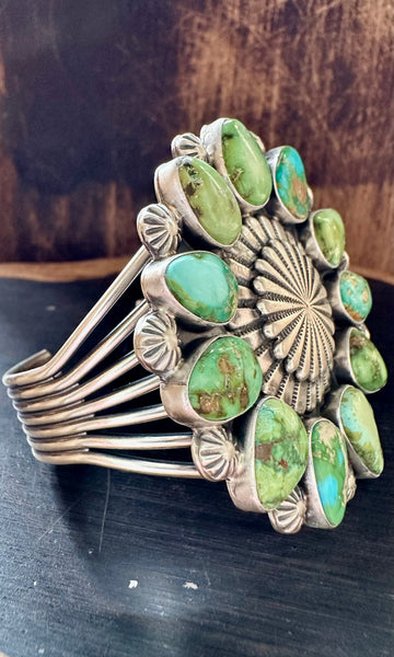 LARGE FLOWER POWER Turquoise Silver Navajo Cuff • 82g