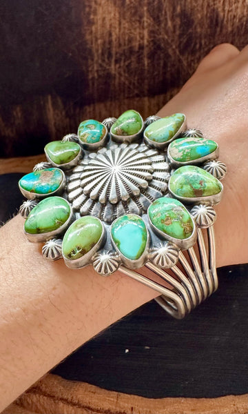 LARGE FLOWER POWER Turquoise Silver Navajo Cuff • 82g