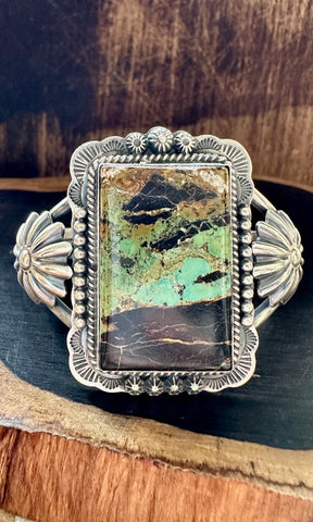 SQAURE FRAMED LANDSCAPE Turquoise Silver Navajo Cuff • 56g