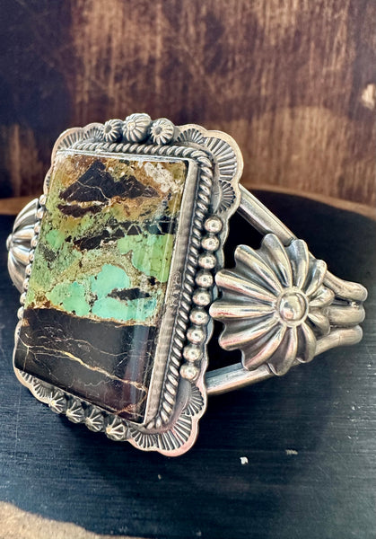 SQAURE FRAMED LANDSCAPE Turquoise Silver Navajo Cuff • 56g