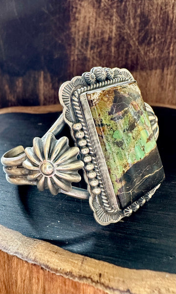 SQAURE FRAMED LANDSCAPE Turquoise Silver Navajo Cuff • 56g