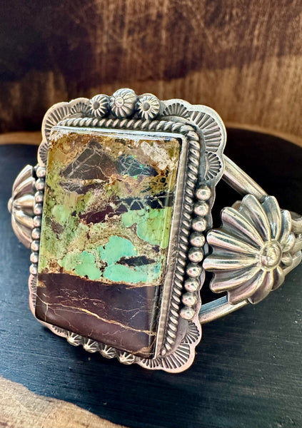 SQAURE FRAMED LANDSCAPE Turquoise Silver Navajo Cuff • 56g