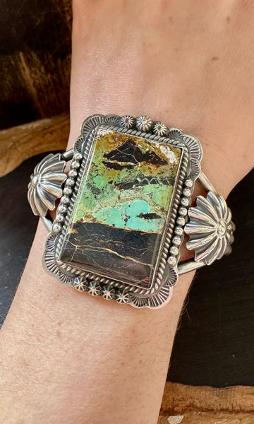 SQAURE FRAMED LANDSCAPE Turquoise Silver Navajo Cuff • 56g