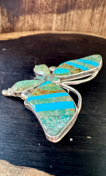 TURQUOISE BUTTERFLY PIN Sterling Silver Brooch • 14g