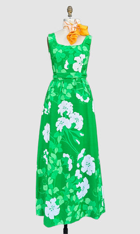 MALIA HAWAIIAN Vintage 60s Green Maxi Dress • Medium (10)