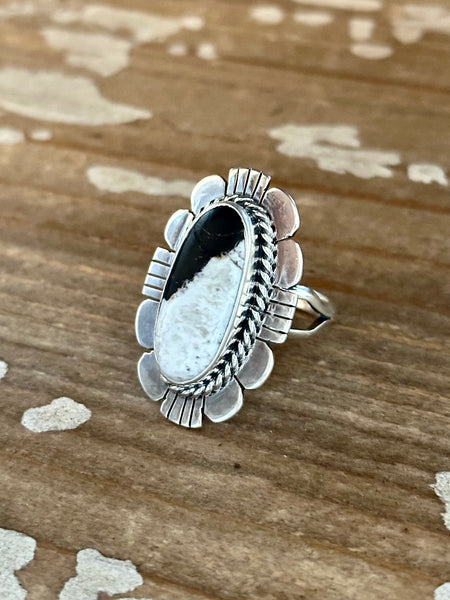 LUCIAN KOINVA White Buffalo & Sterling Silver Scalloped Edge Hopi Ring • Adjustable Size 7 1/2