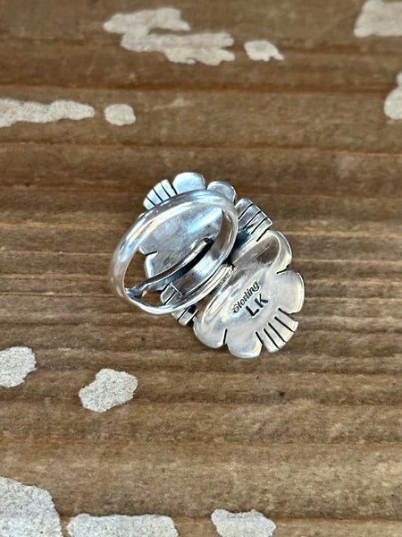 LUCIAN KOINVA White Buffalo & Sterling Silver Scalloped Edge Hopi Ring • Adjustable Size 7 1/2