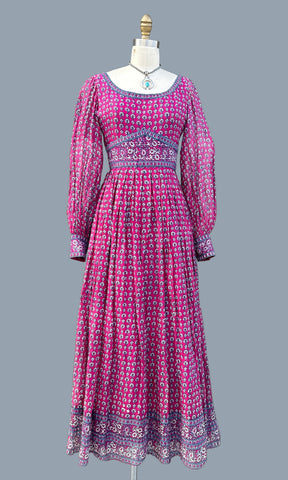 INDIAN LOVE CALL 70s Block Print Floral & Paisley Dress • Small