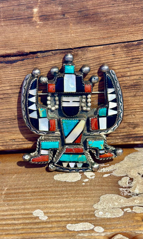 DANCING KACHINA DOLL Vintage 60s Zuni Sun Face Inlay Brooch 26A03