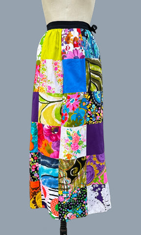 ALICE PATCHWORK 1970s Vintage Multi-Colored Wrap Skirt • Size Sm./Md.