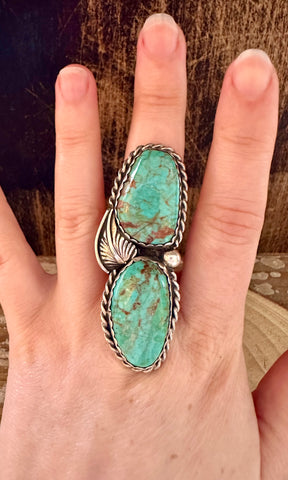 LARGE DOUBLE DECKER Turquoise and Sterling Silver Statement Ring • Size 7 3/4