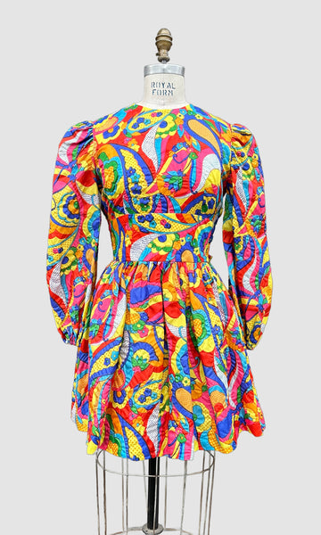 FLOWER GARDEN Vintage 1960s Puffy Sleeved Mini Dress • Size Medium