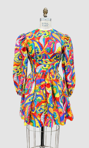 FLOWER GARDEN Vintage 1960s Puffy Sleeved Mini Dress • Size Medium