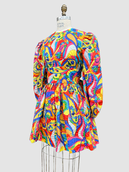 FLOWER GARDEN Vintage 1960s Puffy Sleeved Mini Dress • Size Medium