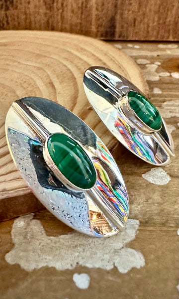 MALACHITE UFO Flying Saucer Sterling Silver Stud Earrings