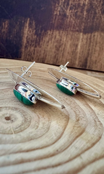 MALACHITE UFO Flying Saucer Sterling Silver Stud Earrings