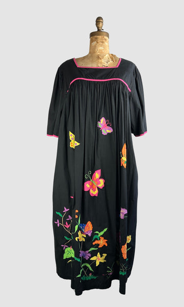 GARDEN PARTY 80s Floral and Butterfly Applique Dress • X Large