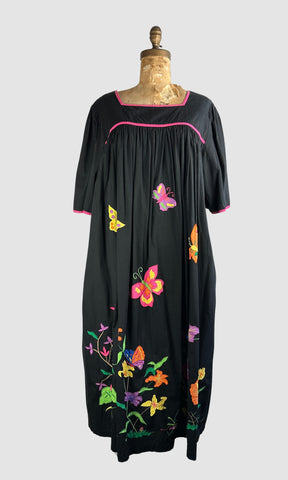 GARDEN PARTY 80s Floral and Butterfly Applique Dress • X Large