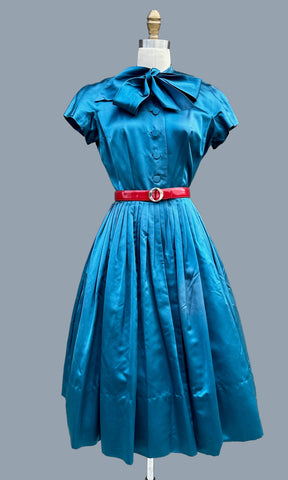 SATIN STARLETT 50s Silk Satin Dress with Kitten Bow • Small