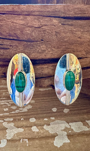 MALACHITE UFO Flying Saucer Sterling Silver Stud Earrings