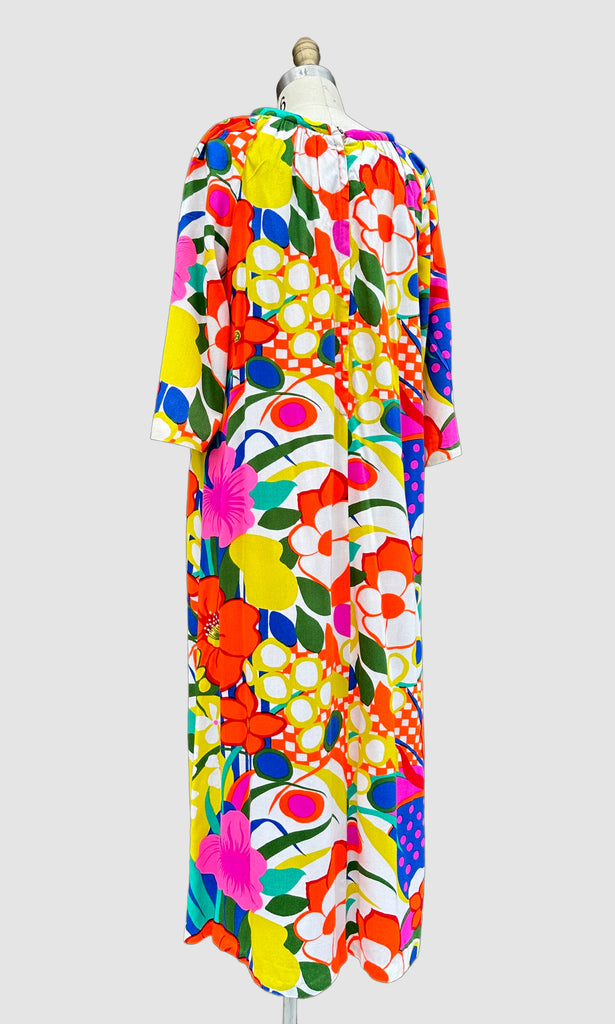 60s flowy dress 60s Quilted Cotton Floral Maxi Dress: Open Back Vintage Sundress