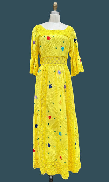 HELLO YELLOW 70s Mexican Oaxacan Embroidered Dress • Medium
