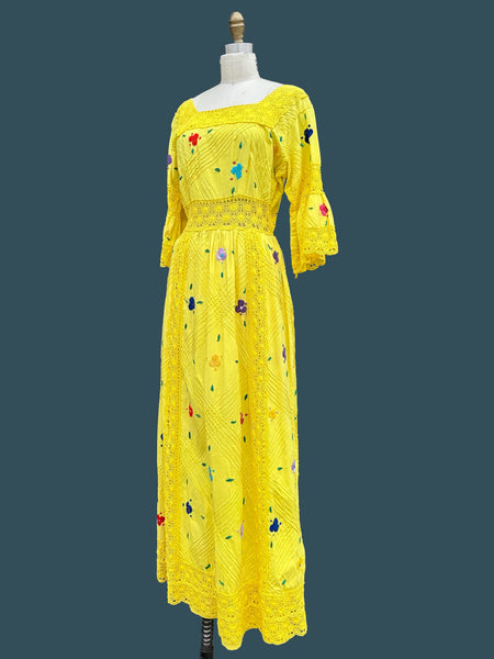 HELLO YELLOW 70s Mexican Oaxacan Embroidered Dress • Medium