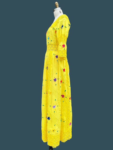 HELLO YELLOW 70s Mexican Oaxacan Embroidered Dress • Medium