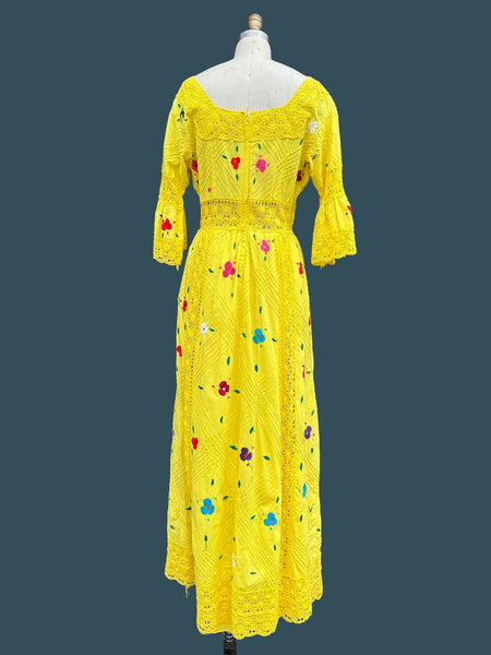 HELLO YELLOW 70s Mexican Oaxacan Embroidered Dress • Medium