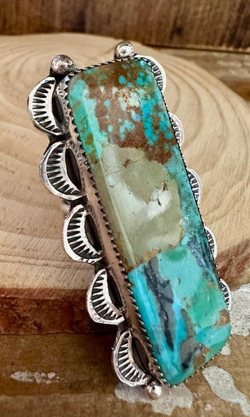 TIA LONG RECTANGLE Statement Turquoise Sterling Silver Ring • Adjustable Size