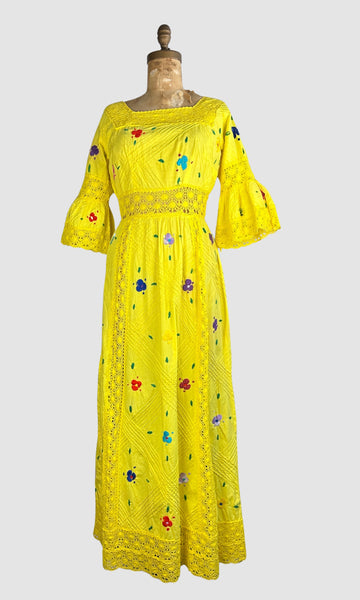 HELLO YELLOW 70s Mexican Oaxacan Embroidered Dress • Medium