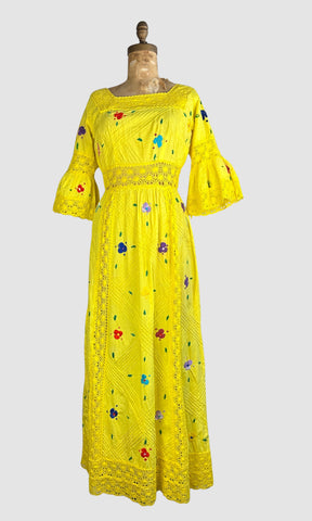 HELLO YELLOW 70s Mexican Oaxacan Embroidered Dress • Medium