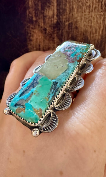 TIA LONG RECTANGLE Statement Turquoise Sterling Silver Ring • Adjustable Size