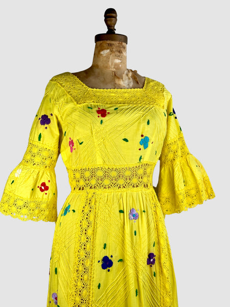 HELLO YELLOW 70s Mexican Oaxacan Embroidered Dress • Medium