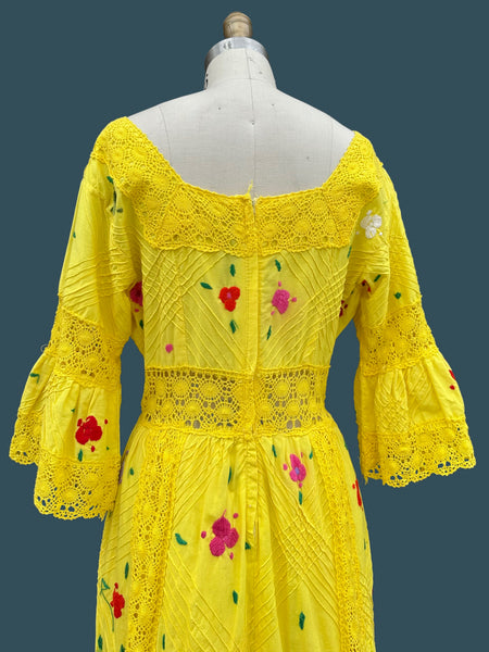 HELLO YELLOW 70s Mexican Oaxacan Embroidered Dress • Medium