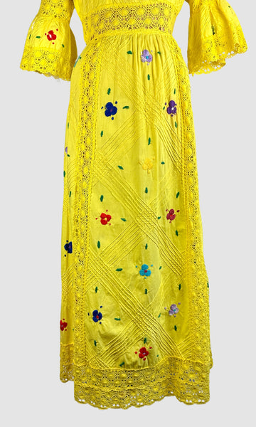 HELLO YELLOW 70s Mexican Oaxacan Embroidered Dress • Medium